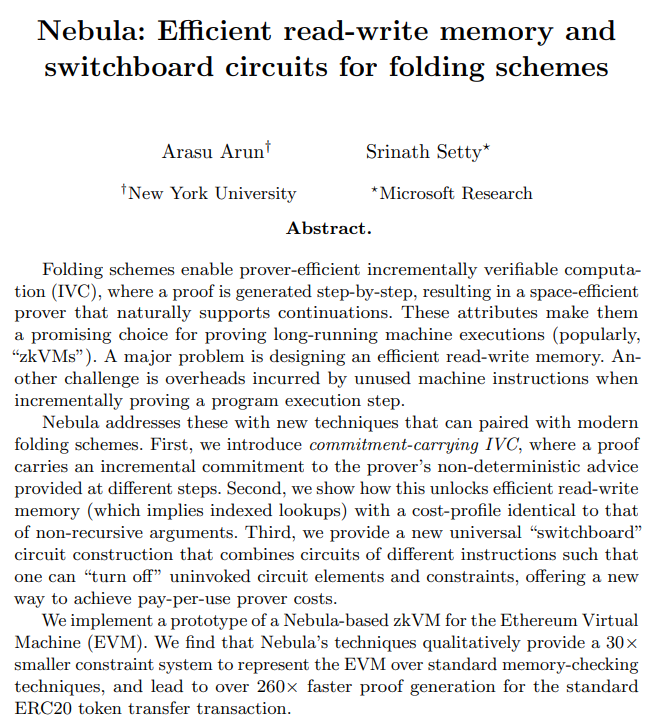 srinathtv's tweet photo. Complementary to NeutronNova, we wrote another paper, called Nebula. A core result is an efficient read-write memory primitive in folding schemes. We also provide a new way to acheive "pay-per-use" universal circuits, which  "turn off" unused constraints in R1CS. https://t.co/0rxJjnh5Nd