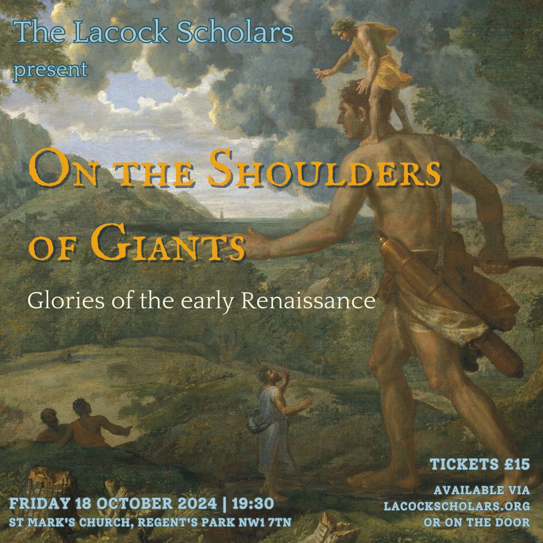 Lacock Scholars (@lacockscholars) on Twitter photo Join us on Friday 18 October for our next concert, On the Shoulders of Giants 
Featuring glorious works of the early Renaissance, this is your perfect autumnal choral music fix!
7.30pm, Friday 18 October
St Mark’s Regent’s Park
Tickets 🎟️ £15
tickettailor.com/events/thelaco… Join us on Friday 18 October for our next concert, On the Shoulders of Giants 
Featuring glorious works of the early Renaissance, this is your perfect autumnal choral music fix!
7.30pm, Friday 18 October
St Mark’s Regent’s Park
Tickets 🎟️ £15
tickettailor.com/events/thelaco…