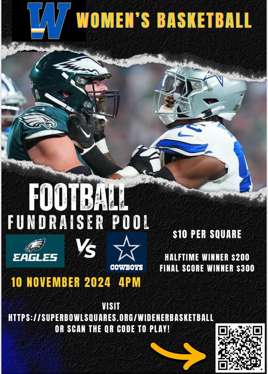 Today kicks off our Fall Fundraiser! 🦁 On November 10th the Eagles play the  Cowboys at 4:00 pm! They are only $10 each. There are two winners: $200 for halftime / $300 for Final Score!superbowlsquares.org/widenerbasketb…