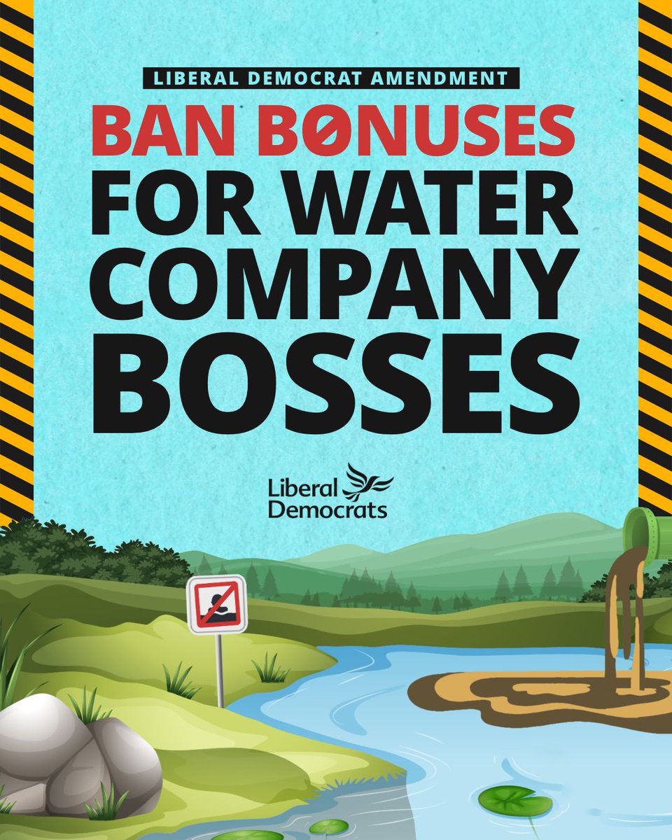 LibDems's tweet image. It is time for Parliament to stand up and take action on the sewage crisis after years of failure under the Conservatives.

Liberal Democrats have today tabled an amendment to Labour’s Water Bill, to outlaw bonuses for Water company bosses. This disgraced industry has shown it is…