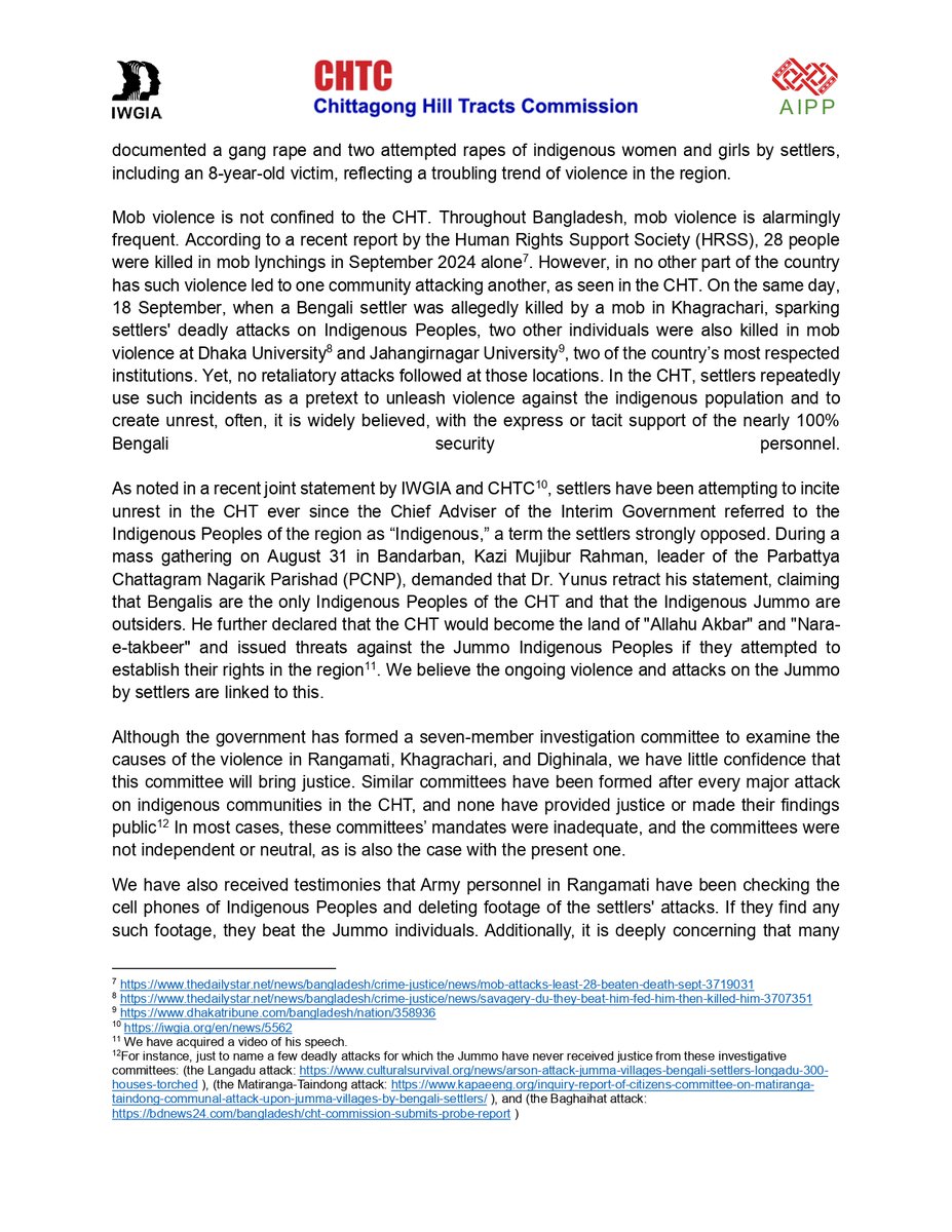 ChtCommission's tweet photo. @ChtCommission, @IWGIA, and @aippnet urge the @ChiefAdviserGoB to take immediate action regarding the ongoing violence against Indigenous Peoples in the Chittagong Hill Tracts

https://t.co/gbaozb0Dbv

#indigenousrights #Bangladesh #humanrightsvioaltions https://t.co/pe904pmq9Q
