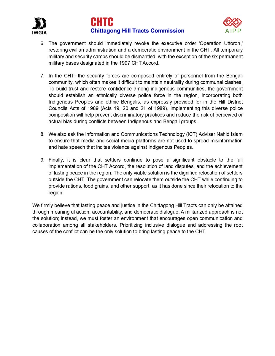 ChtCommission's tweet photo. @ChtCommission, @IWGIA, and @aippnet urge the @ChiefAdviserGoB to take immediate action regarding the ongoing violence against Indigenous Peoples in the Chittagong Hill Tracts

https://t.co/gbaozb0Dbv

#indigenousrights #Bangladesh #humanrightsvioaltions https://t.co/pe904pmq9Q