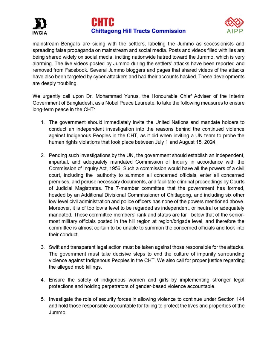 ChtCommission's tweet photo. @ChtCommission, @IWGIA, and @aippnet urge the @ChiefAdviserGoB to take immediate action regarding the ongoing violence against Indigenous Peoples in the Chittagong Hill Tracts

https://t.co/gbaozb0Dbv

#indigenousrights #Bangladesh #humanrightsvioaltions https://t.co/pe904pmq9Q