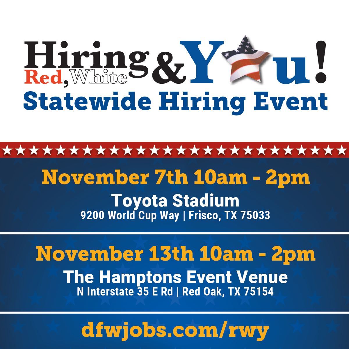 WSNCT has partnered with the Texas Workforce Commission and Texas Veterans Commission, to bring the Annual Statewide Hiring Red, White &amp; You! career fair scheduled November 7th and 13th, 2024.  Pre-register today at dfwjobs.com/rwy #veterans #militaryspouses #hiring