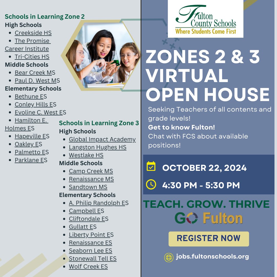 GO_Fulton's tweet photo. 💡Are you interested in Teaching in Fulton Zones 2 &amp; 3? Join us for our upcoming virtual open house. Chat with Fulton about future opportunities! #TeachInFulton #ThriveInFulton
📌Register Today: https://t.co/PYC4erCevc https://t.co/P3eoDYPAk6