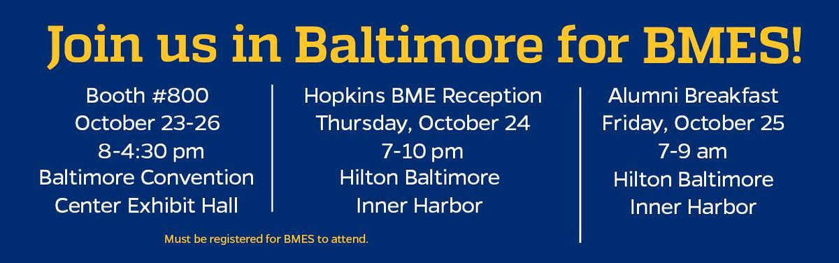 Two weeks to #BMES2024! Join #HopkinsBME in our home town and meet some of our faculty and students in booth 800 or at our reception. Alumni, mark your calendars for a breakfast Friday morning!