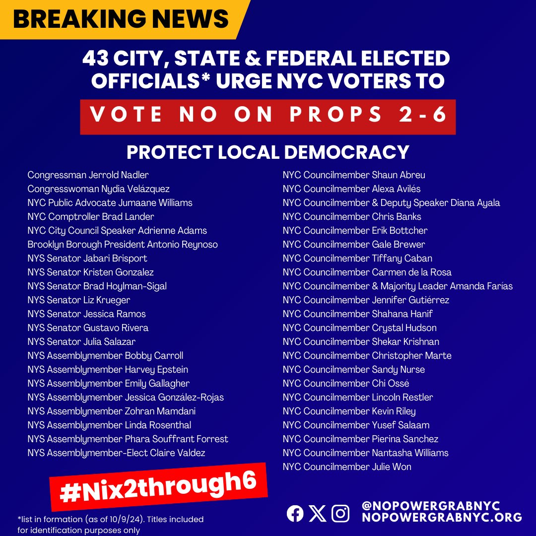 NoPowerGrabNYC's tweet image. Today, 43 city, state &amp;amp; federal elected officials joined us to warn New Yorkers about a dangerous threat to our local democracy and to urge all NYC voters to vote No on Props 2-6 this November. #Nix2through6 #NoPowerGrabNYC
