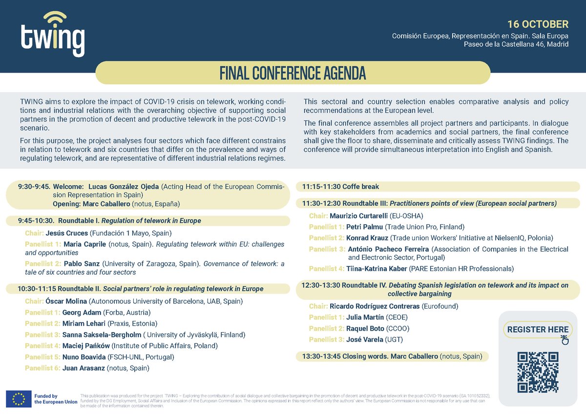 🚨 The #TWINGproject final conference agenda has been updated! Get ready for expert discussions on #telework, industrial relations, and post-COVID working conditions. 
➕Check out the updated agenda now! More info: twingproject.eu/final-conferen…
🖊️Register here: forms.gle/j2fCapZHobeNGy…