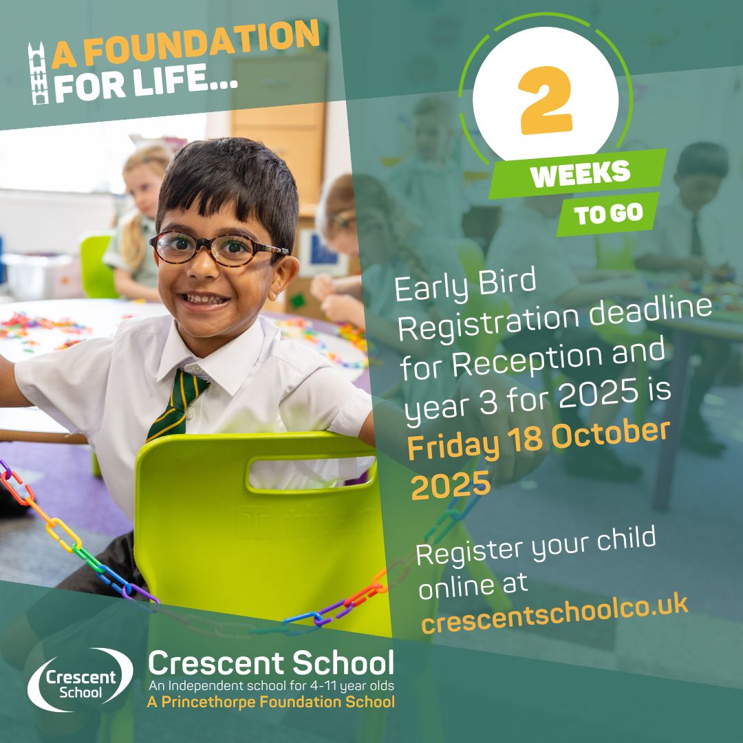CrescentSchRug's tweet photo. 📢 2 weeks to go! 📢
If you’re interested in securing a place for your child, please complete the registration form by Friday 18 October 2024.

If you have missed our recent Open Events why not arrange an individual tour - https://t.co/TpTTxfLHl4 https://t.co/v510A50OiR