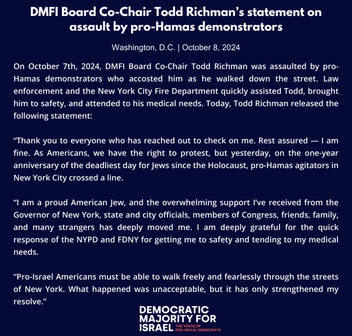 My statement on Monday’s assault. Am Yisrael Chai. #BringThemHomeNow! <a href="/DemMaj4Israel/">Democratic Majority for Israel</a>