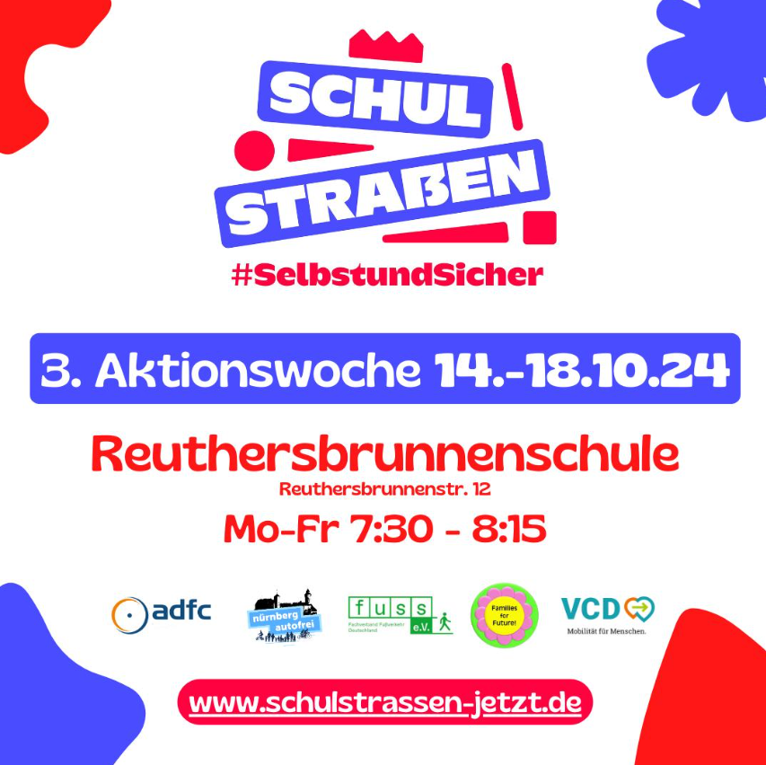 Nächste Woche findet die 3. Schulstraßen Aktion statt. Diesesmal initiiert vom Elternbeirat der Reutersbrunnenschule.

schulstrassen-jetzt.de

Gerne an Schulen, Eltern, Elternbeiräte, weitergeben, die sich für die Thematik interessieren.

#selbstundsicher