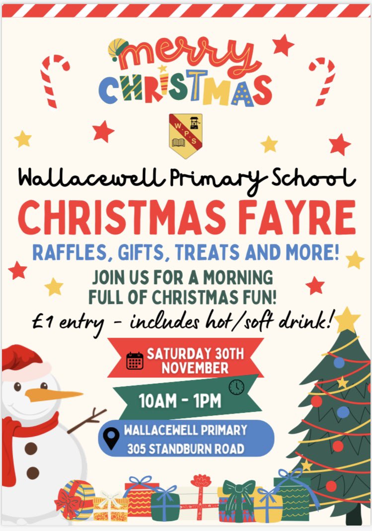 Wallacewell Community Christmas Fair - Saturday 30th of November 10am-1pm. Please spread the word. £1 entry (includes a hot/cold drink). 

If you are interested in a running a stall please contact us at the school on 0141 557 5041 🎅🏻