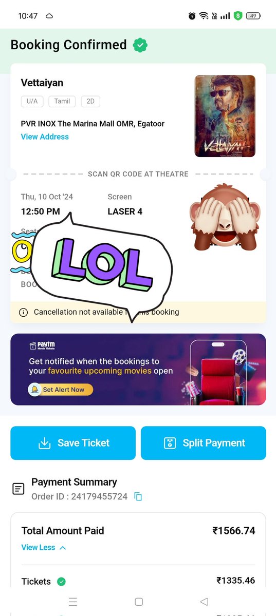 ranjithvikram19's tweet photo. #Vettaiyan ticket available #pvr Inox Marina mall Chennai 7 ticket online price ping me 0r WhatsApp https://t.co/WQSyClmlKt