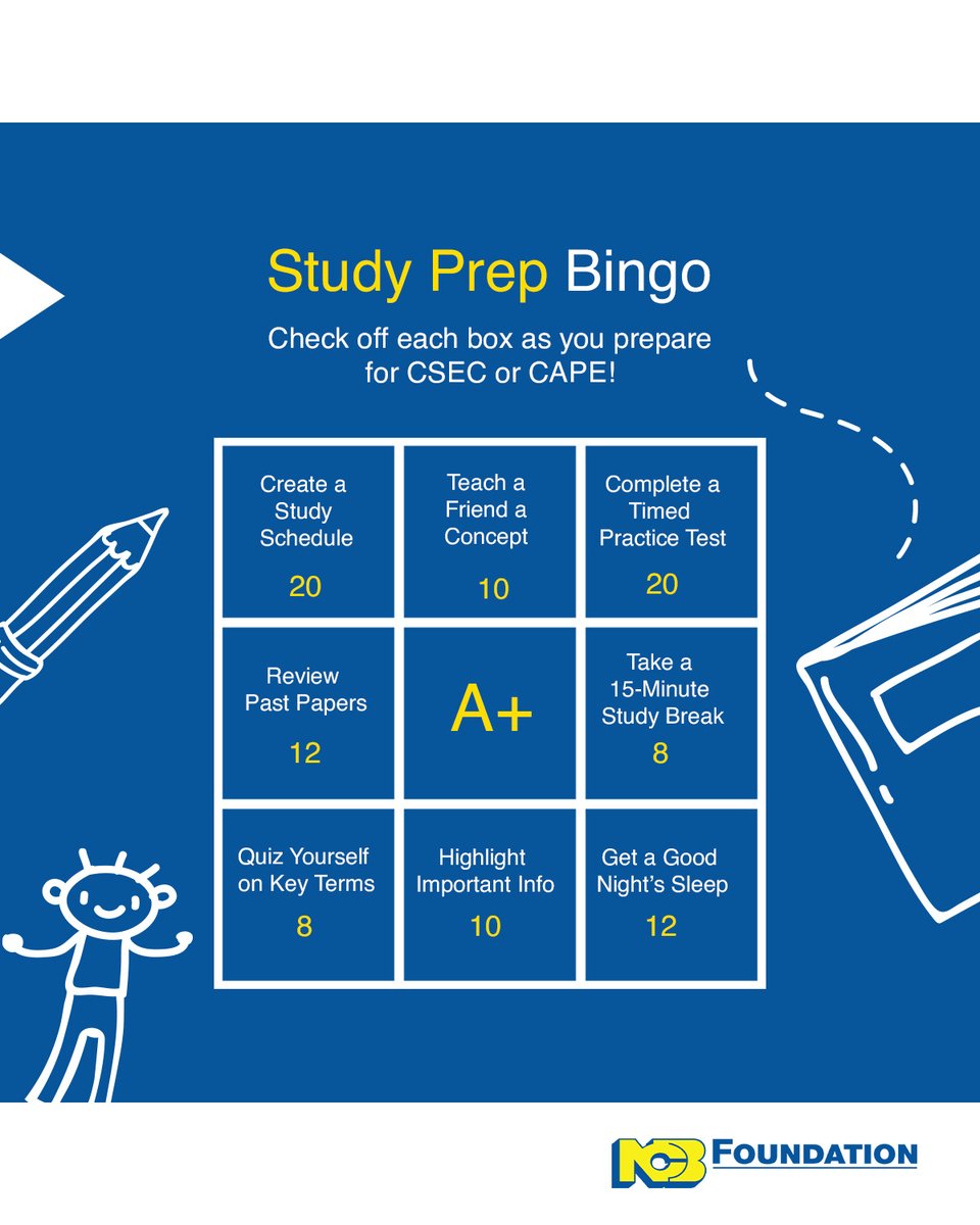 NCBFoundation's tweet image. How ready are you for exams? 

Play our Study Prep Bingo and see if you’re on track! 

Save the post and check off each activity as you go. 

….
#ExamPrepBingo #CSEC2024 #CAPE2024 #NCBFoundation