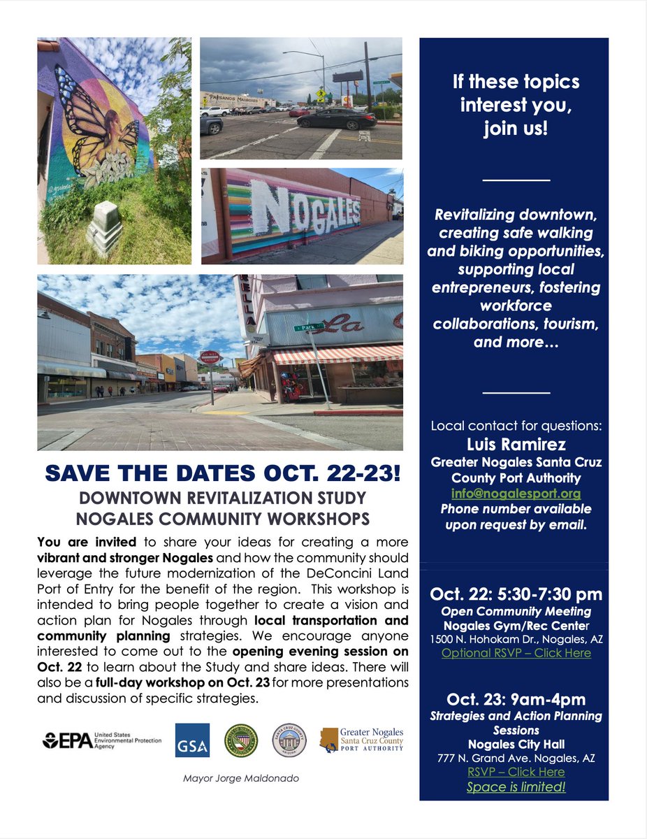 PortNogales's tweet photo. .@EPACommunities and @US_GSAR9 will be hosting community workshops on 10/22-10/23 as part of the Nogales Downtown Revitalization Study. Join us for the opportunity to share your thoughts on what Nogales should be in the future!! 

Register here: https://t.co/Hvi4TWTYAh https://t.co/GKvm5yYjjL