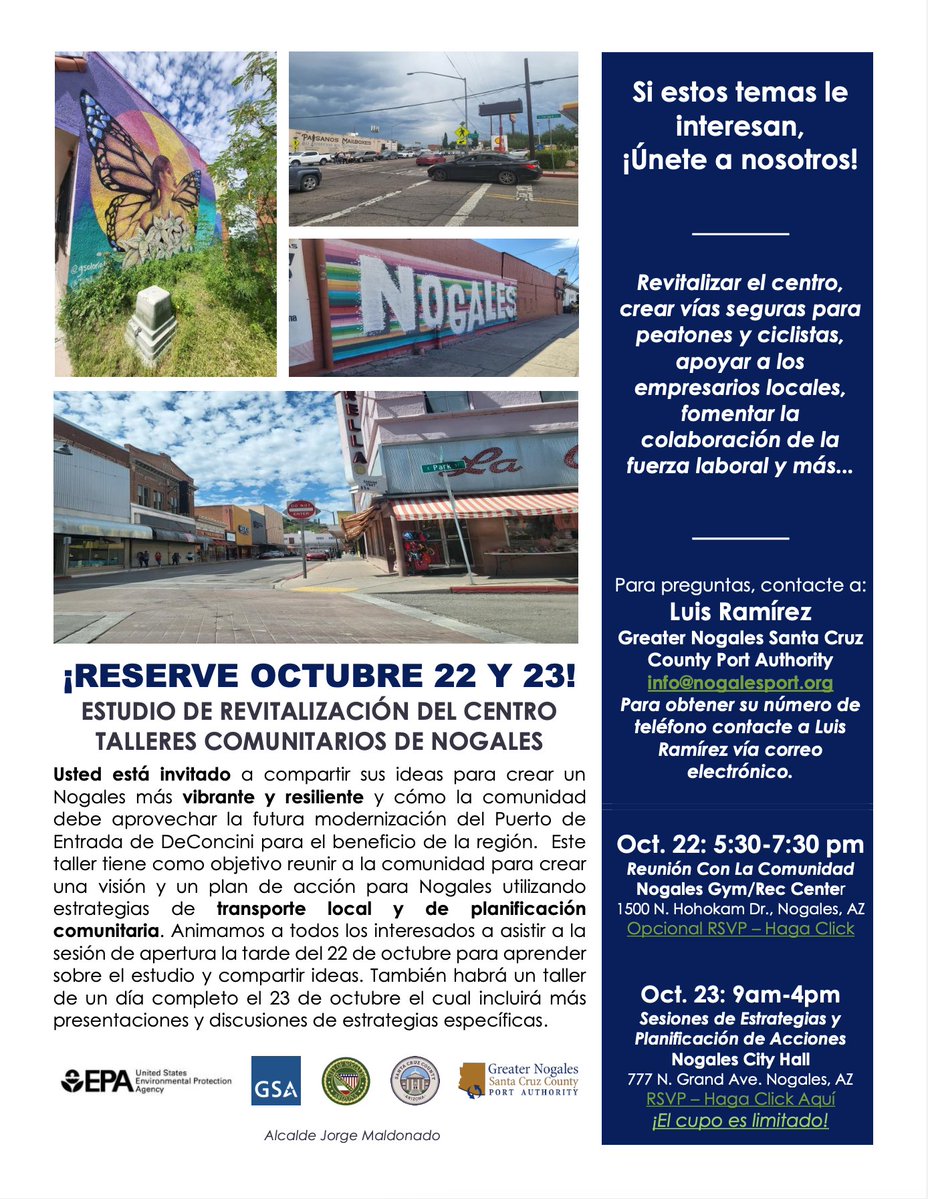 PortNogales's tweet photo. .@EPACommunities and @US_GSAR9 will be hosting community workshops on 10/22-10/23 as part of the Nogales Downtown Revitalization Study. Join us for the opportunity to share your thoughts on what Nogales should be in the future!! 

Register here: https://t.co/Hvi4TWTYAh https://t.co/GKvm5yYjjL