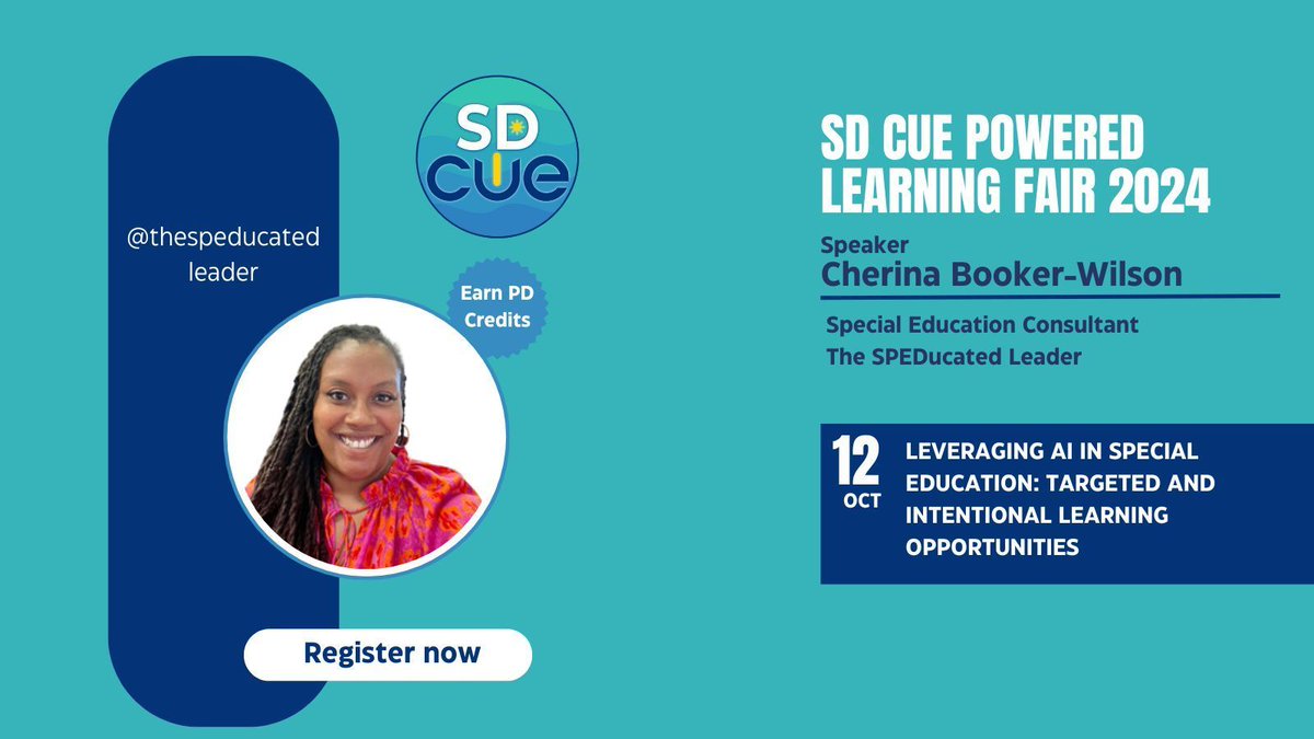 SanDiego_CUE's tweet image. .@thespeducatedleader from the SPEDucated Leader  is speaking about leveraging AI in special education at the #SDCUE PL Fair! @CUEinc
Register today - bit.ly/sdcue24