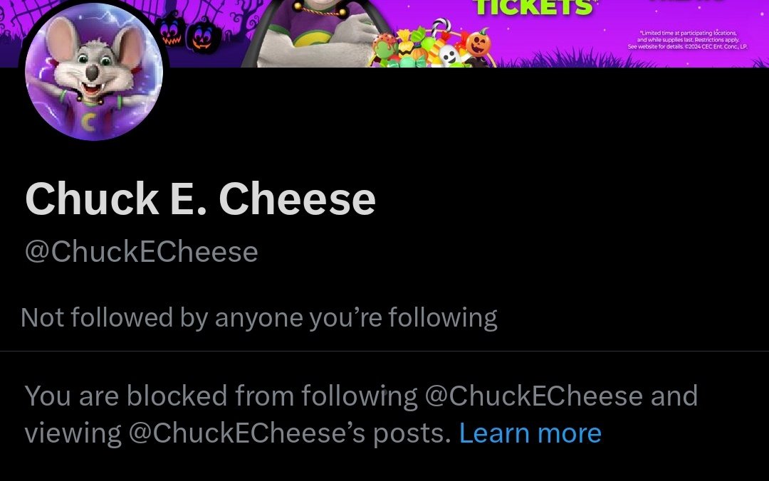 GreyTheFallGuy's tweet photo. Fun fact

I'm blocked by Chuck e cheese https://t.co/6xTP884nwA