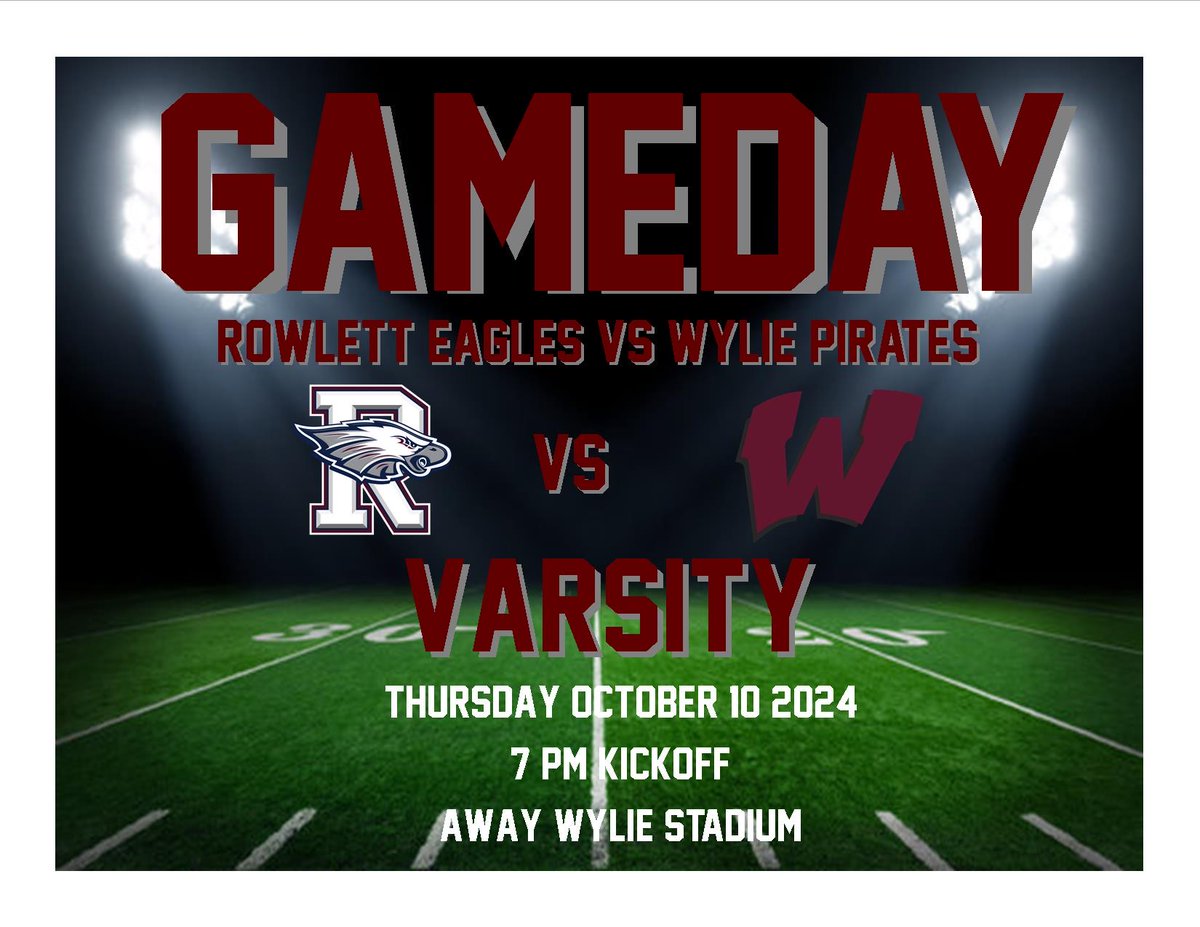 LETT’s pack the stadium tomorrow night!!!

Come support your Rowlett Eagles take on the Wylie Pirates at Wylie Stadium!!!

GO EAGLES!!!

"There is only one way to succeed in anything… and that is to give it everything"
                                 -Vince Lombardi