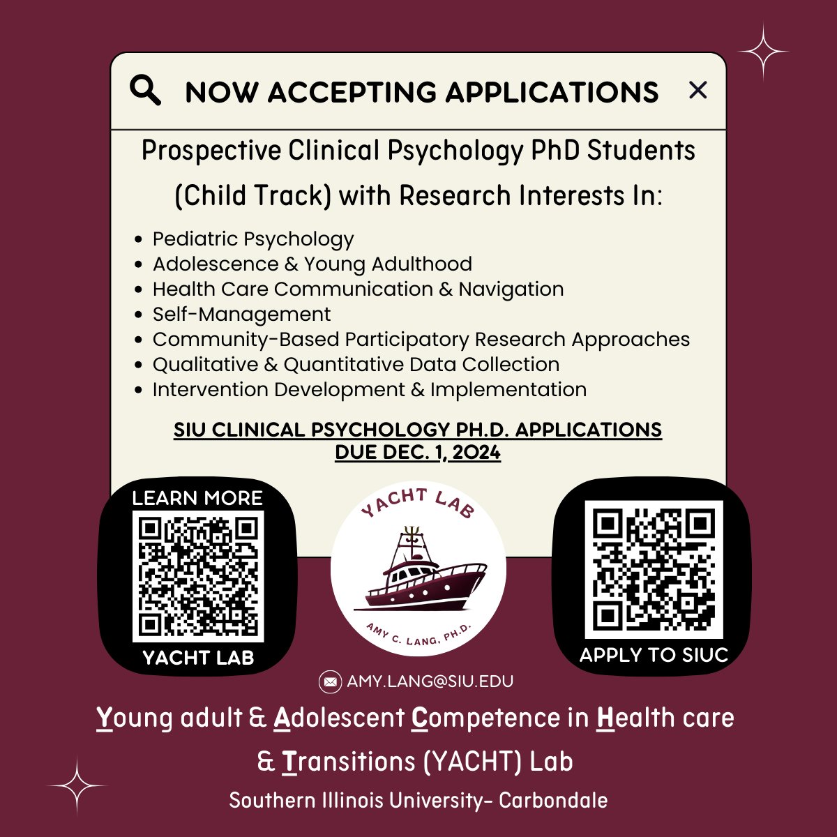 Amy C. Lang, PhD (@amyclangphd) on Twitter photo Are you a prospective #ClinicalPsychology PhD student interested in #PedPsych #AYAs #HealthCare #SelfManagement and/or #InterventionDevelopment? Consider applying to join the YACHT Lab <a href="/SIUC/">SIU Carbondale</a> - I plan to accept a PhD student to begin in Fall 2025!
sites.google.com/view/amyclang-… Are you a prospective #ClinicalPsychology PhD student interested in #PedPsych #AYAs #HealthCare #SelfManagement and/or #InterventionDevelopment? Consider applying to join the YACHT Lab <a href="/SIUC/">SIU Carbondale</a> - I plan to accept a PhD student to begin in Fall 2025!
sites.google.com/view/amyclang-…