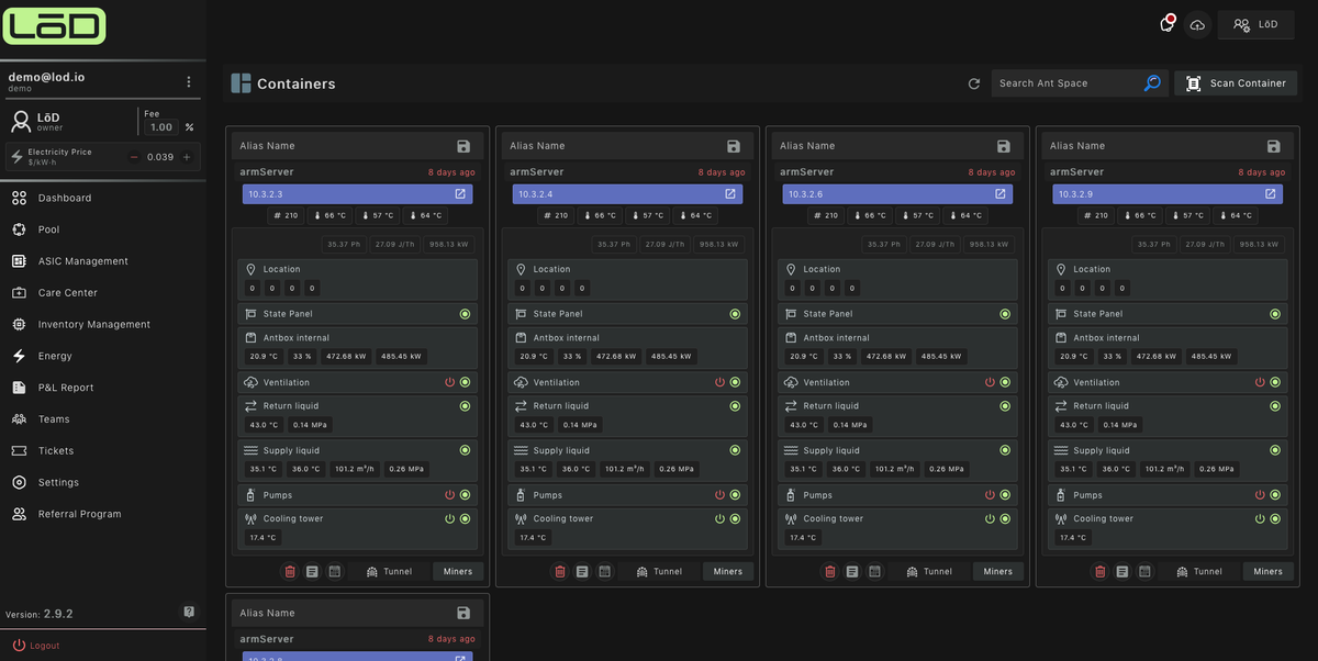 Lod_io's tweet photo. Using the LōD IoT Management Platform, you can connect and manage @BITMAINtech #Antspace and other containers. Monitor pumps, cooling towers, liquid levels, and more—all from one integrated system. https://t.co/qXrutWs6oQ