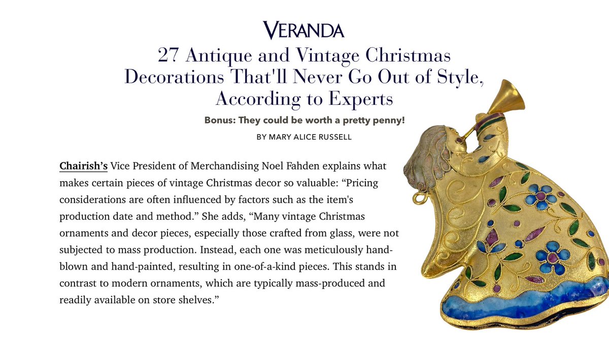 #Chairish Vice President of Merchandising Noel Fahden was featured on <a href="/VERANDAmag/">VERANDA</a>! 🎄

social.chairish.com/vintage-holida…