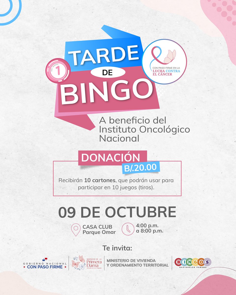 Parque Omar - Panamá (@parqueomarpma) on Twitter photo Te esperamos HOY miércoles 9 de octubre en la Casa Club de nuestro parque desde las 4:00 p.m. hasta las 8:00 p.m., para una Tarde de Bingo en beneficio del <a href="/ioncologico/">Instituto Oncológico</a> ¡Con Paso Firme en la Lucha contra el Cáncer! Te esperamos HOY miércoles 9 de octubre en la Casa Club de nuestro parque desde las 4:00 p.m. hasta las 8:00 p.m., para una Tarde de Bingo en beneficio del <a href="/ioncologico/">Instituto Oncológico</a> ¡Con Paso Firme en la Lucha contra el Cáncer!