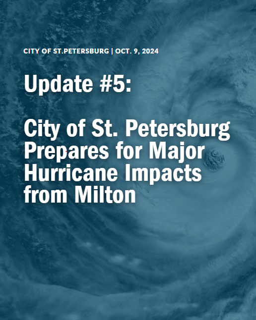 UPDATE #5: City of St. Petersburg Prepares for Major Hurricane Impacts from Milton

- Situation Update
- Bridge Closures
- Evacuation
- Shelters
- Sewer Treatment Facilities

Details here: stpete.org/news_detail_T3…