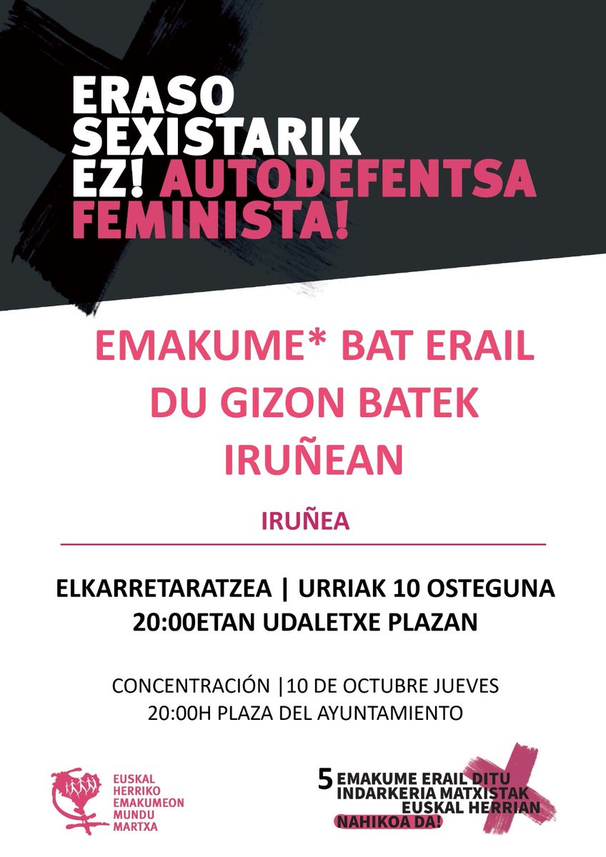 🚨🚨🚨🚨🚨🚨🚨🚨
¡YA VALE!
Un hombre ha asesinado a una mujer en Iruñea. Volvemos a las calles, volvemos con rabia y dolor para gritar: ¡Ni una más!

ASKI DA! 
Amorruz, minez eta inpotentziaz aterako berriz ere kalera, gure bizitzak arriskuan daudela oihukatzera.

👇🏽👇🏽
