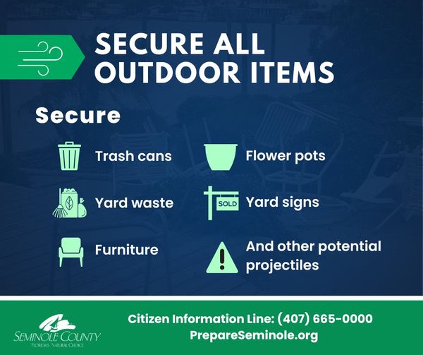 SECURE ITEMS:At this time,all of your trash cans, yard waste,and outdoor items should be brought inside,into a garage or shed,or otherwise secured.Guidelines on curbside yard waste and debris collection will be announced after the storm has passed.
#HurricaneMilton #stormsafety