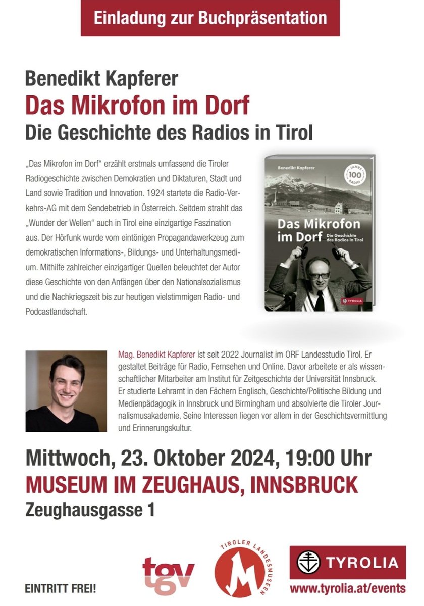 Benedikt Kapferer (@benekapferer) on Twitter photo Heute in zwei Wochen darf ich mein Buch im #Zeughaus Museum in #Innsbruck vorstellen 📚 - im Rahmen der neuen Ausstellung "Unsichtbare Wellen" 📻 Kommt vorbei 😍
#100jahreradio #dasmikrofonimdorf #tirol #zeitgeschichte #journalismus <a href="/6020tweets/"> #ibktwit #intirol </a> Heute in zwei Wochen darf ich mein Buch im #Zeughaus Museum in #Innsbruck vorstellen 📚 - im Rahmen der neuen Ausstellung "Unsichtbare Wellen" 📻 Kommt vorbei 😍
#100jahreradio #dasmikrofonimdorf #tirol #zeitgeschichte #journalismus <a href="/6020tweets/"> #ibktwit #intirol </a>