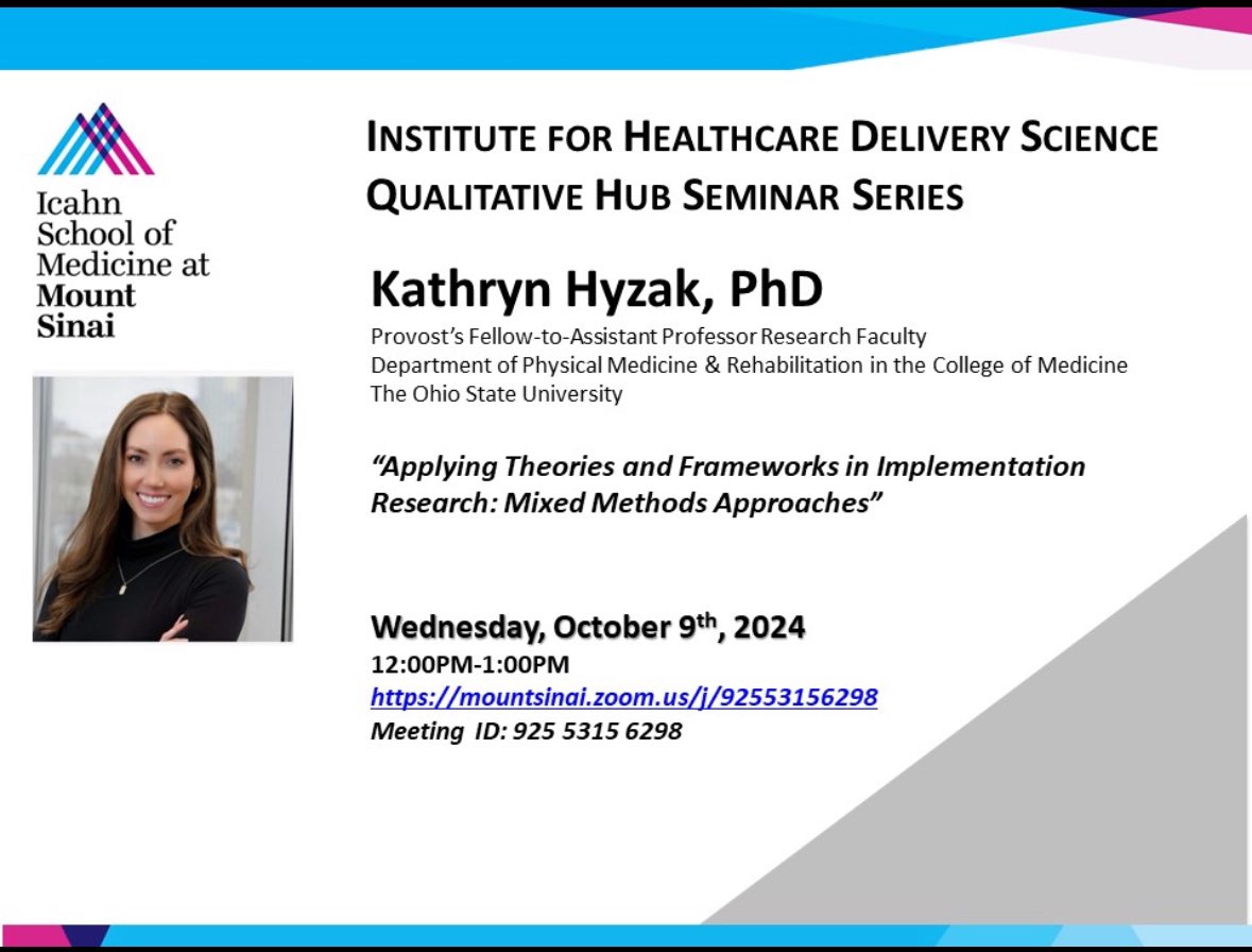 Kathryn Hyzak, PhD (@drkatehyzak) on Twitter photo Thanks, Mount Sinai, for inviting me to talk about how to apply theories and frameworks in implementation research!
In case you missed it, past seminars can be found here:
labs.icahn.mssm.edu/tcibci/seminar…
<a href="/ohiostatepmr/">Ohio State Physical Medicine & Rehabilitation</a> Thanks, Mount Sinai, for inviting me to talk about how to apply theories and frameworks in implementation research!
In case you missed it, past seminars can be found here:
labs.icahn.mssm.edu/tcibci/seminar…
<a href="/ohiostatepmr/">Ohio State Physical Medicine & Rehabilitation</a>