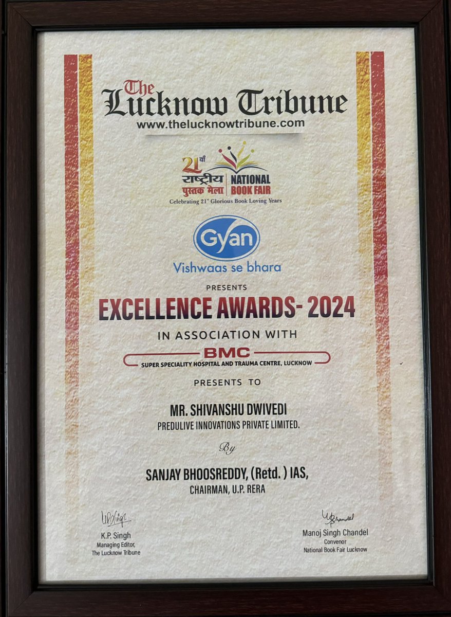 Honored to receive The Lucknow Tribune Excellence Award 2024! 

Grateful to be recognized for contributions through <a href="/predulive/">Predulive Innovations Pvt. Ltd.</a> &amp; felicitated by <a href="/s_bhoosreddy/">Sanjay Bhoosreddy</a> sir. This award fuels our passion to innovate in AI &amp; drone tech. Huge thanks to my amazing #team, #partners &amp; #mentors!