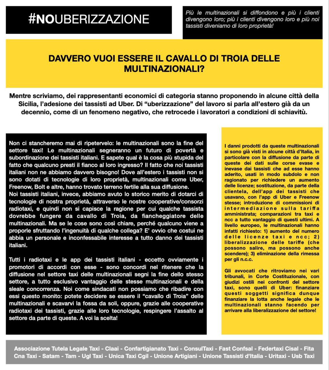 Oltre al problema dei colleghi coglioni kiamati taxisti, se non cominciano a capirlo i clienti ke saranno loro i primi ad essere fottuti con tariffe triplicate.. #nouber