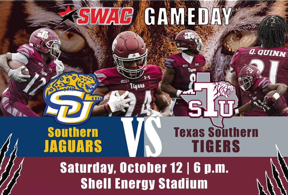 Texas Southern University (TSU) Athletics (@txsotigers) on Twitter photo Saturday Night! Shell Energy Stadium - <a href="/TSUFootball/">Texas Southern Football</a> hosts <a href="/SouthernUsports/">Southern University Jaguars</a> at 6 p.m. - first time since 2017 <a href="/SouthernU_BR/">Southern University</a> returns to HTown in the fall! shorturl.at/I143B Saturday Night! Shell Energy Stadium - <a href="/TSUFootball/">Texas Southern Football</a> hosts <a href="/SouthernUsports/">Southern University Jaguars</a> at 6 p.m. - first time since 2017 <a href="/SouthernU_BR/">Southern University</a> returns to HTown in the fall! shorturl.at/I143B