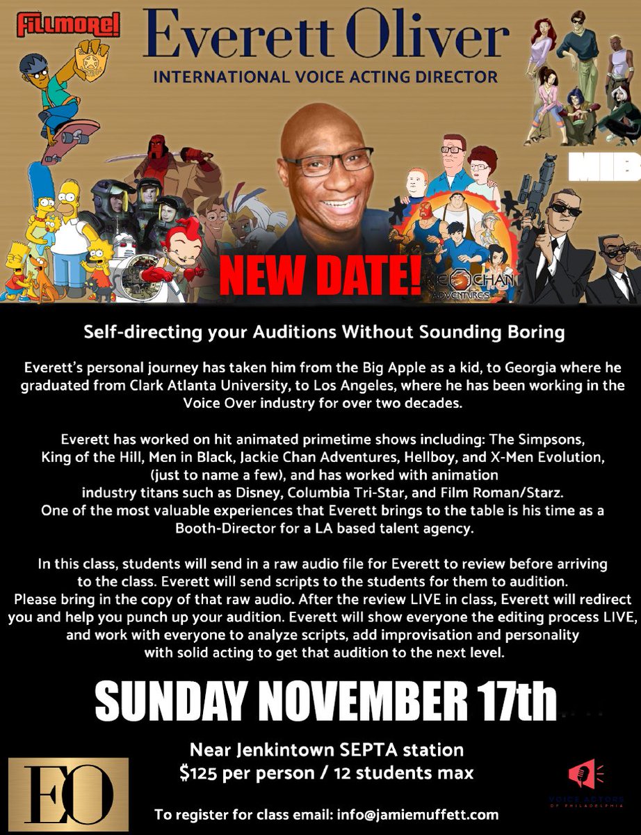 Everett Oliver - International VO Acting Director (@voiceactingdir) on Twitter photo Two spots left for an in-person Animation and Commercial workshop in Philadelphia. Please email me at: eo@voiceactingdirector.com to sign up.
#voiceover #animation #commercial #auditions Two spots left for an in-person Animation and Commercial workshop in Philadelphia. Please email me at: eo@voiceactingdirector.com to sign up.
#voiceover #animation #commercial #auditions