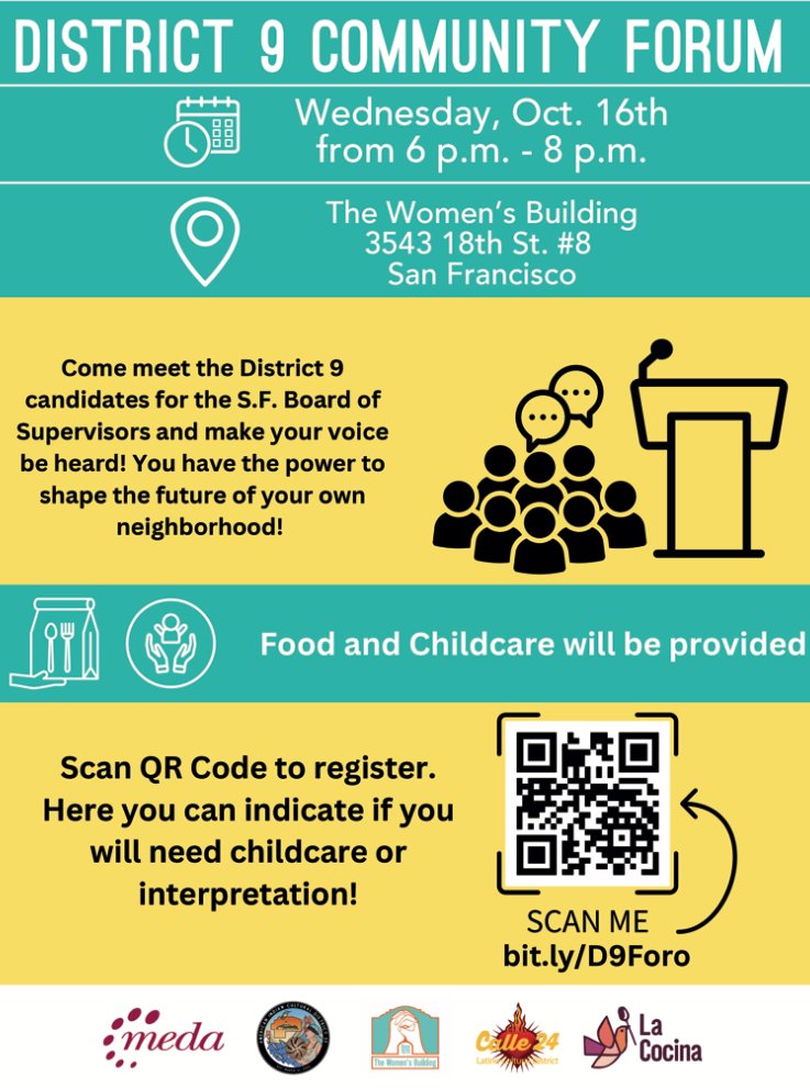 We are pleased to invite you to the upcoming District 9 Candidate Forum. This event provides a unique opportunity for you to share your concerns and hear from proposals candidates who want to represent you as District 9 Supervisor!

To attend RSVP asap : docs.google.com/forms/d/e/1FAI…
