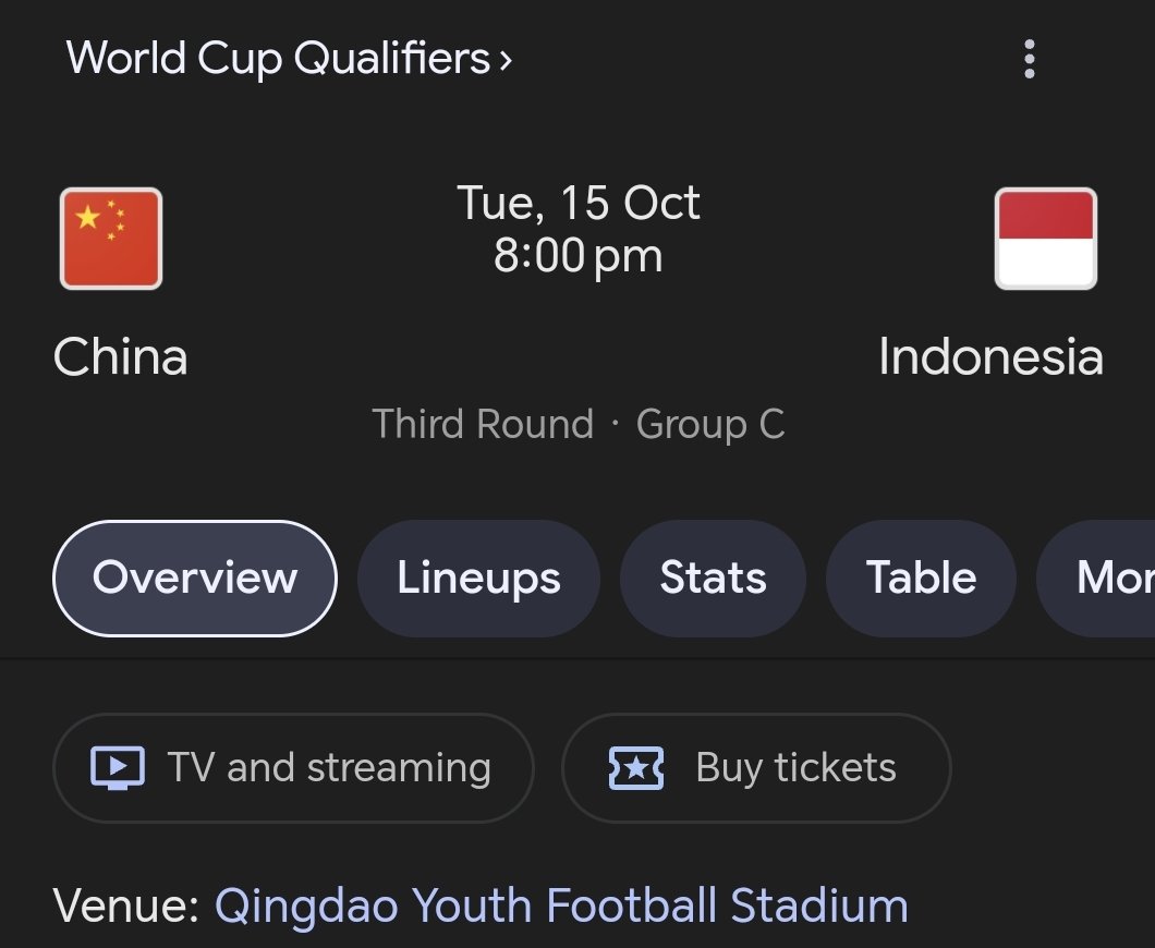pas banget minggu depan Qingdao, China.. ada yang tahu cara beli tiket jatah pendukung tim tamu pada pertandingan China vs Indonesia ini? <a href="/TimnasIndonesia/">Timnas Indonesia</a>