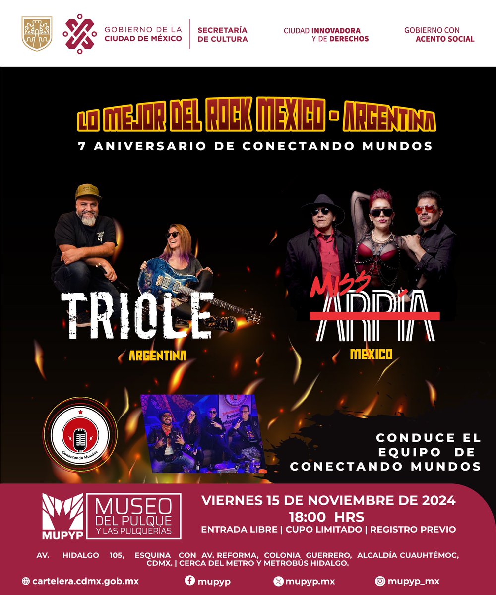 Pandilla, ya está listo el festejo de nuestro Séptimo Aniversario de Conectando Mundos - Emergente.

Nos vemos el 15 de noviembre en el <a href="/mupyp_mx/">MUPYP</a> 

Desde Argentina nos acompaña Triole Pop Rock y representando a México <a href="/missarpiaoficia/">Miss Arpía</a> 

<a href="/MiMANERO/">El Manero</a> <a href="/emma_khamel/">Emmanuel Khamel</a> 

#rock #musica 🤘🏼😎
