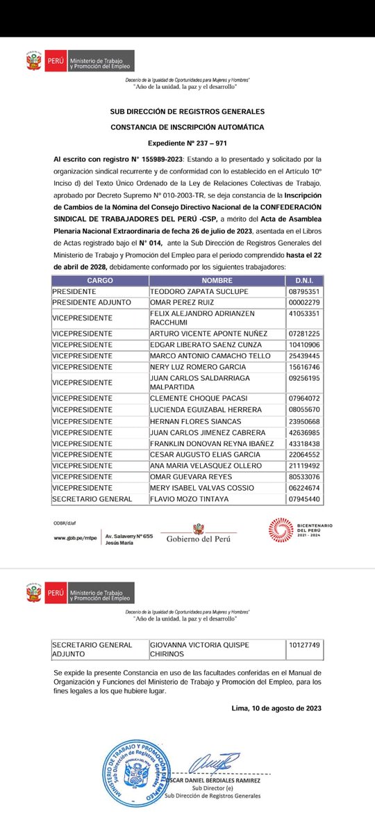 CSP_1971's tweet photo. Desde la @CSP_1971 aclaramos a la comunidad nacional e internacional y @Registrador_es que  @Franklin_Reyna es vicepresidente de nuestra Confederación Sindical de Trabajadores del Perú CSP y no de la @CTP
@FidelBuitronP @FuerzaSindicalP @MTPE_Peru @ilo https://t.co/j8vE4WTCow