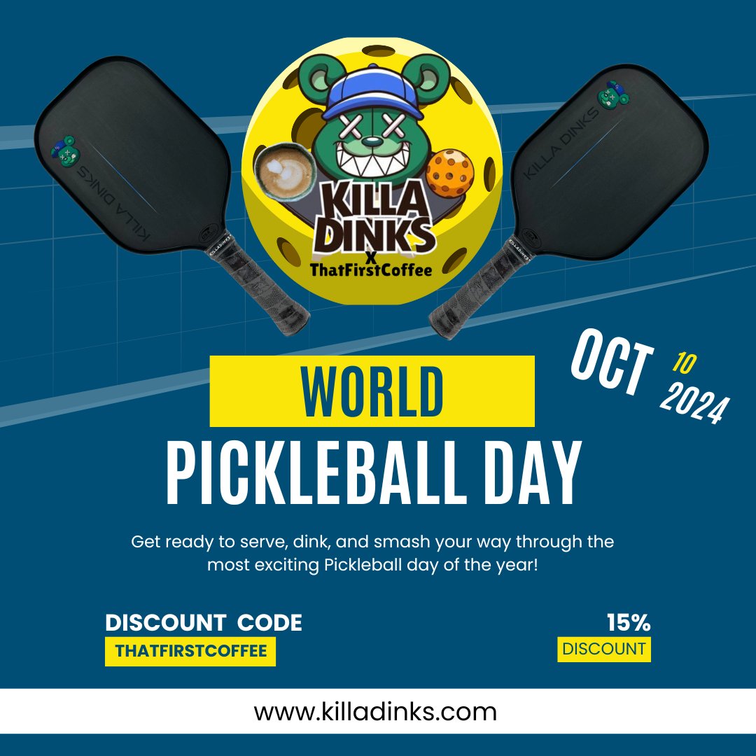 BenniGaske's tweet photo. Happy World Pickleball Day! 🥒 Celebrating the fastest-growing sport bringing people together worldwide.

Enjoy 15% off your next @killadinks order with code THATFIRSTCOFFEE. Go!

Where are you playing pickleball today? 🤔

#WorldPickleballDay #KillaDinks #THATFIRSTCOFFEE https://t.co/uzUUl2MBpW