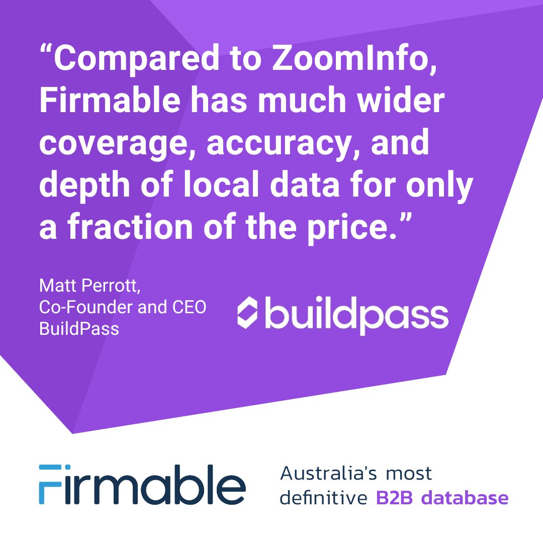 We are finding more momentum with businesses making the switch to Firmable due to us being: 
⭐Aussie owned with local sales and customer support 
⭐More accurate and deeper local data (mobiles and emails)
⭐Affordable and flexible pricing
BuildPass is one of these customers.