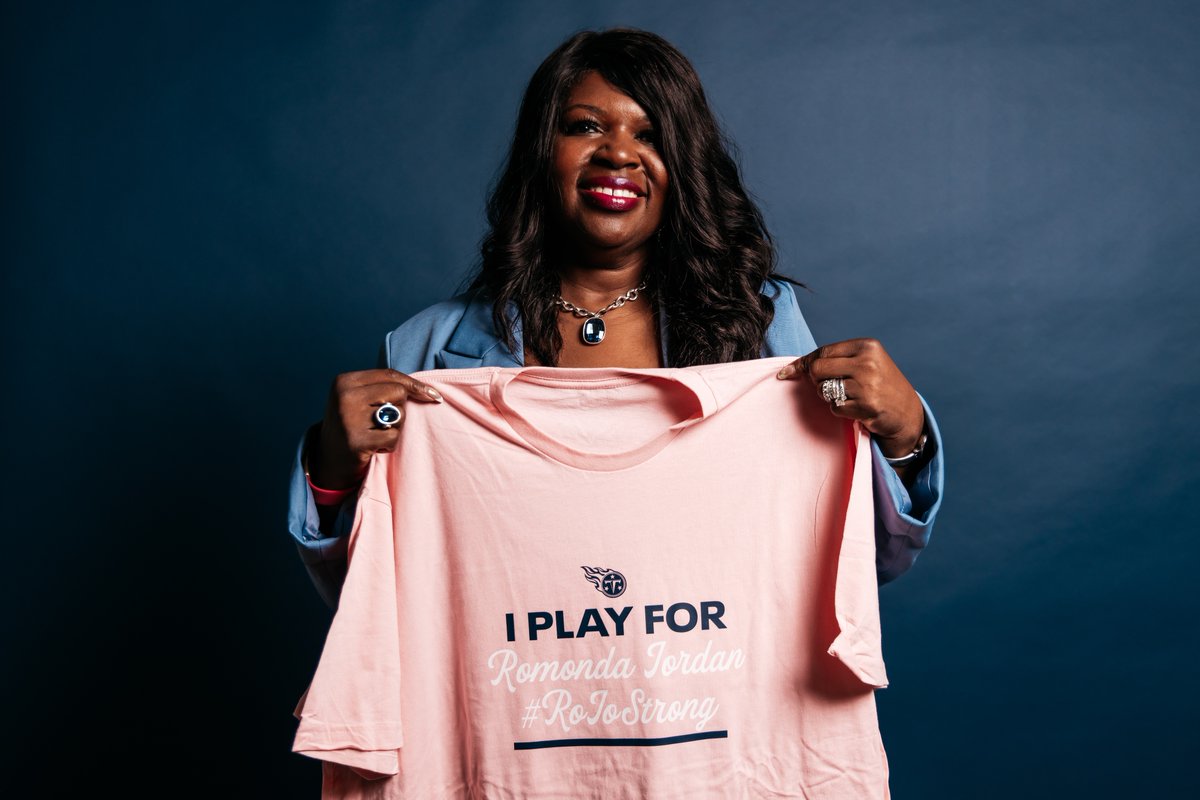 Titans's tweet photo. Romonda Jordan, a breast cancer survivor and wife of Titans running backs coach Randy Jordan, will be honored as the 12th Titan this Sunday for the #CrucialCatch game https://t.co/j3sOeCYM19