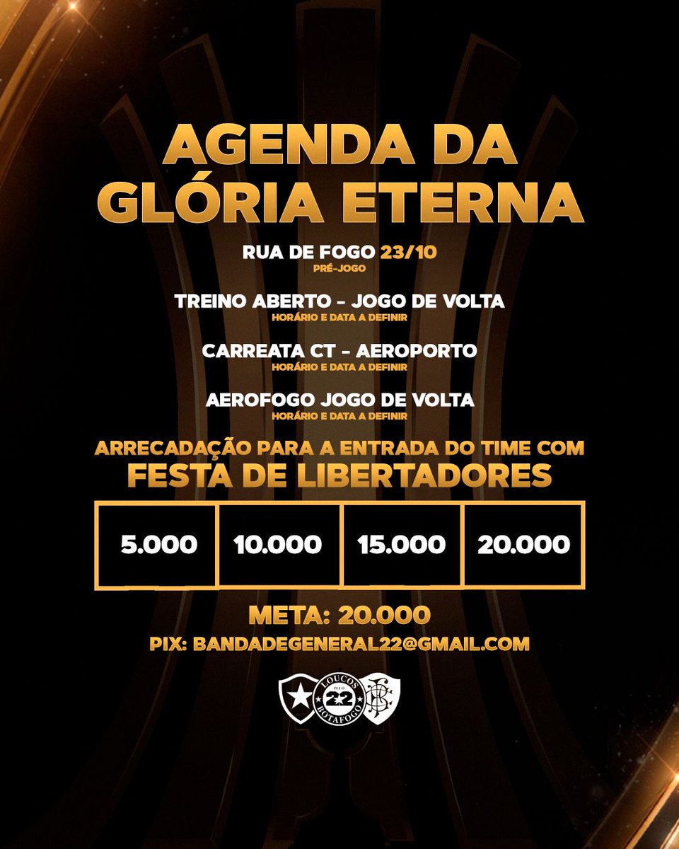 LIBERTADORES pede festa de
LIBERTADORES e VAI PEGAR FOGO, como tem que ser!

Começamos a nos preparar pro
MAIOR JOGO DA HISTÓRIA da nossa geração.
É hora de festa DAQUELE JEITO antes, durante e após os 90 minutos!

Colabore através do PIX:
bandadegeneral22@gmail.com