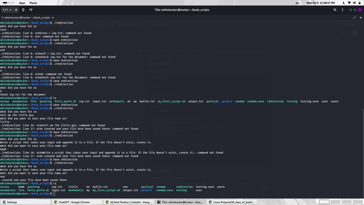 IbraheemA50's tweet image. Day 8⃣ of #30daysofbashscripting
Today , I learnt about Input/Output Redirection which mean&apos;s a powerful feature in Bash that allows you to control where input comes from and where output goes.
Also the Standard Streams and the three type and how to make us use it in writing bash