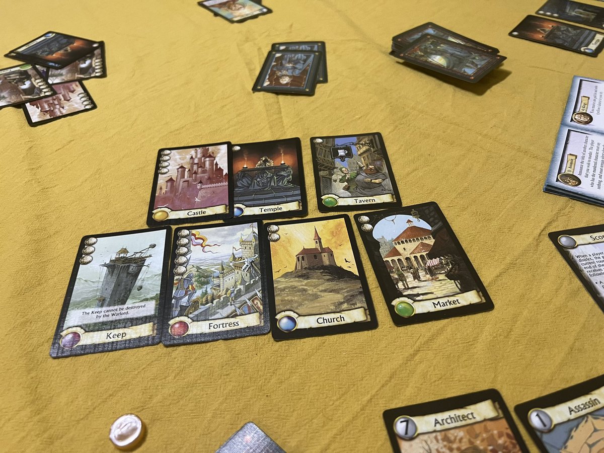StartPlayer's tweet image. Played the classic 2 player game Citadels.  I was persuaded to go to 3 players and it’s still playable.  Any more and the games just grinds to a slow random mess but at low player count Citadels is still a brilliant piece of work.  #boardgames