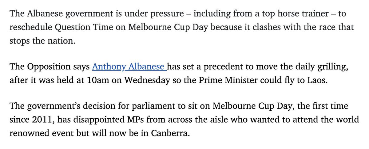 Albo is forcing MP’s to attend question time on Melbourne Cup day and many aren’t happy. 

Don’t like it?? 

Quit and get a real fucking job! 

Great decision by the PM!!!