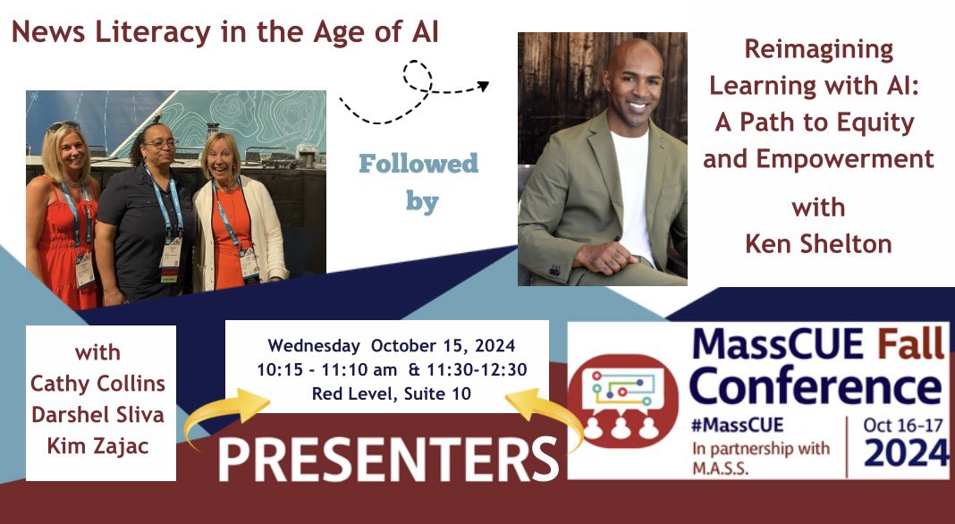 ZajacSLP's tweet image. ⏰ Tick tock! One week from today, #MassCUE 2024 opens its doors!
Please join us in Red Level Suite 10 for a morning of discussion around AI & the many connections it makes to teaching and learning.
#AI #NewsLiteracy #MediaLiteracy #Accessibility #Equity #Inclusion #Empowerment