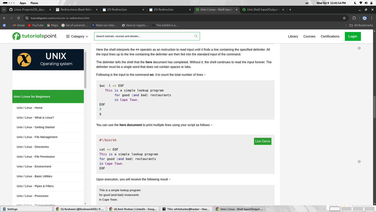 IbraheemA50's tweet image. Day 8⃣ of #30daysofbashscripting
Today , I learnt about Input/Output Redirection which mean&apos;s a powerful feature in Bash that allows you to control where input comes from and where output goes.
Also the Standard Streams and the three type and how to make us use it in writing bash