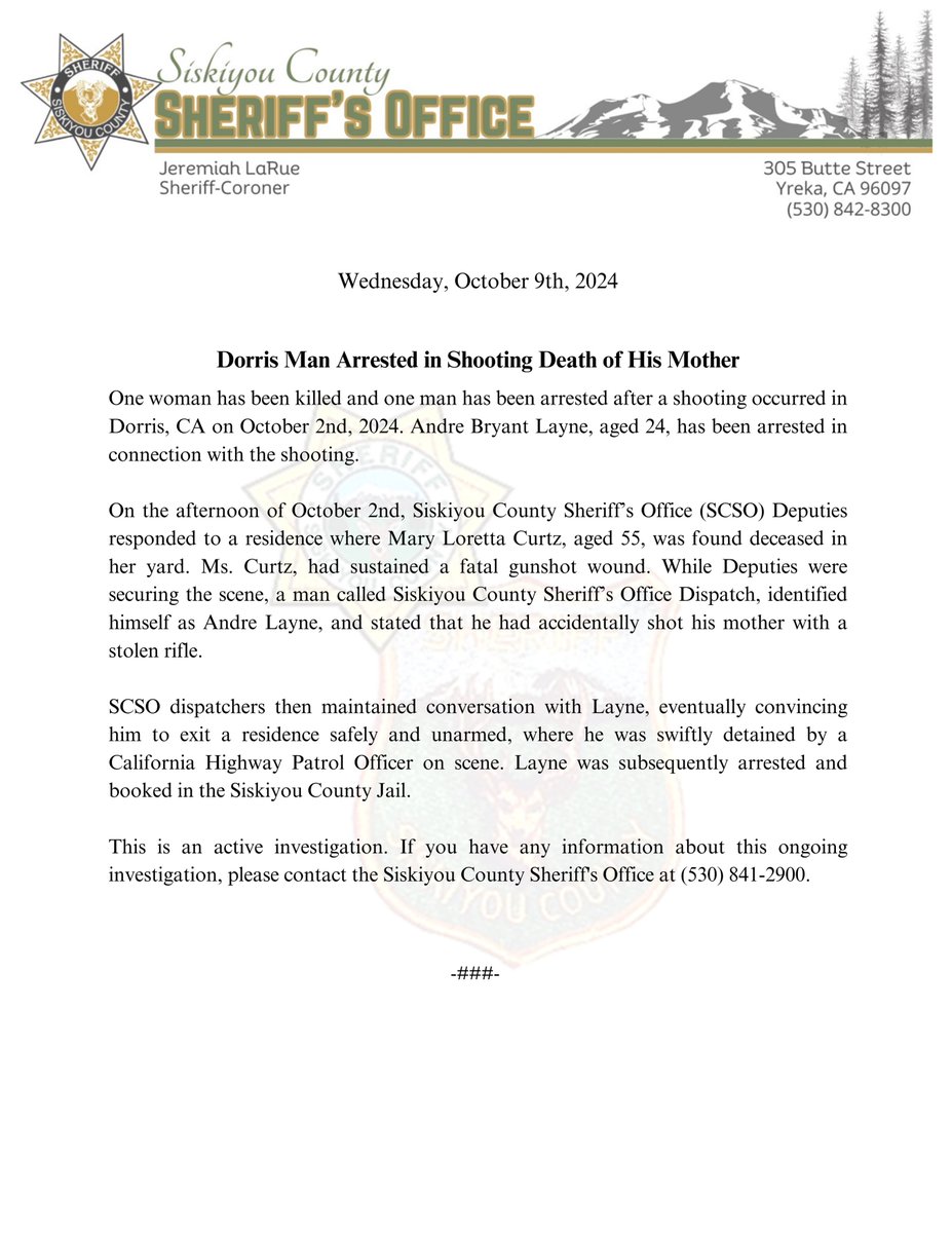 Dorris Man Arrested in Shooting Death of His Mother  This is an active investigation. If you have any information about this ongoing investigation, please contact the Siskiyou County Sheriff's Office at (530) 841-2900. #SiskiyouCounty #SiskiyouSheriff